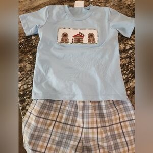 Boutique Blue Dog Graphic Tee and Plaid Shorts Set